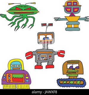 Hand Drawn Cartoon Caractères Robot Space Invader Illustration de Vecteur