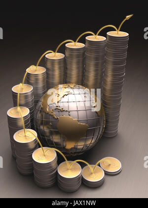 Globe entouré de pièces d'or et d'argent fait ​​Of formant une courbe à la hausse. Banque D'Images