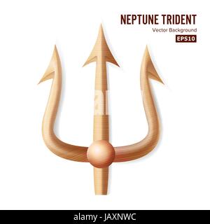 Trident de Neptune vecteur. Silhouette 3D réalistes de bronze de Neptune ou Poséidon arme. Fourche Fourche Sharp Objet. Isolated On White Illustration de Vecteur