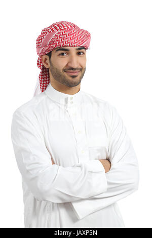 Arab man heureux avec bras croisés isolé sur fond blanc Banque D'Images