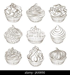 Jeu de vector hand drawn cupcake croquis isolé sur blanc. Illustration de Vecteur