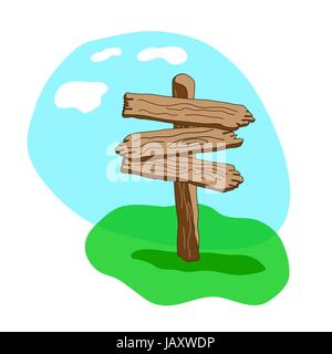 Vector Cartoon style panneau en bois debout dans l'herbe. Trois formes de flèche en bois Panneau vierge Illustration de Vecteur