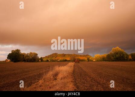 À l'égard des terres agricoles sur la colline de Meon avec un coucher de soleil spectaculaire, Gloucestershire, Angleterre. Banque D'Images