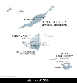 Anguilla, Saint-Martin, Sint Maarten et Saint Barthelemy carte politique. Îles des Caraïbes, qui fait partie d'îles sous le vent et Petites Antilles. Banque D'Images
