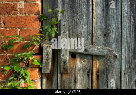 Vieille porte de grange en bois avec loquet, Worcestershire, Angleterre. Banque D'Images