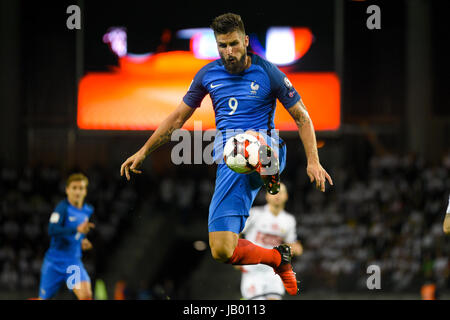 BARYSAW/BELARUS - 9 septembre 2016 : Olivier Giroud de l'équipe nationale de football France sauts en match contre l'équipe de Biélorussie, le 9 septembre 2016 Banque D'Images