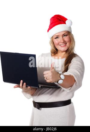 Business Woman in Christmas cap avec bloc-notes affiche ok geste sur un fond blanc. Banque D'Images