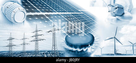 Pylônes électriques, éoliennes et panneau solaire avec un bouchon, flamme de gaz et thermostat de chauffage Banque D'Images