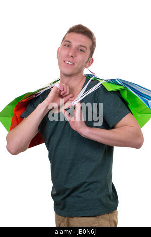 Ein junger Mann beim Shoppen mit vor einem Pijama, isoliert weissen Hintergrund Banque D'Images