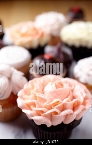 Cupcakes, chocolat, vanille, rose, le gelé Banque D'Images