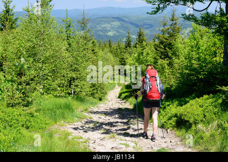 Randonnées le long des sentiers touristiques dans les montagnes Beskid en Pologne avec le sac à dos sur l'arrière Banque D'Images