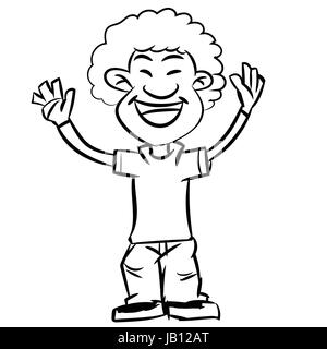 Un dessin de ligne de cartoon smiling afro garçon, et de l'adolescence à faire des mains vers le haut en noir et blanc, vector illustration. Illustration de Vecteur