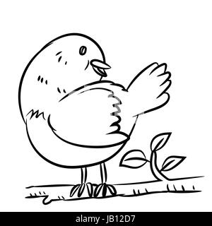 Dessin caricature un oiseau sur la branche d'un arbre en noir et blanc - vector illustration Illustration de Vecteur