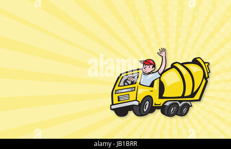 Modèle de carte d'affaires montrant illustration d'un travailleur de la construction d'une conduite conducteur camion ciment fait en style cartoon. Banque D'Images