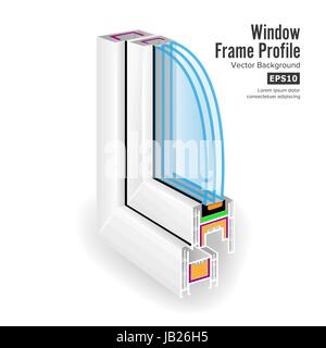 Châssis de fenêtre en plastique Profil. Fenêtre d'angle de la structure. Trois du verre transparent. Vector Illustration de Vecteur