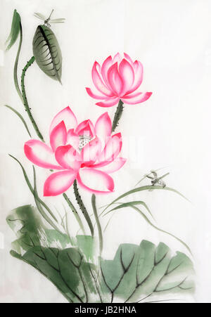 Lotus et libellule de l'aquarelle, l'art original, style asiatique Banque D'Images