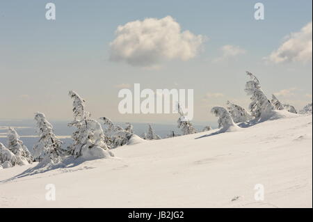 Brocken im Schnee und Eis, hiver,Harz.en hiver paysage brumeux Brocken Harz en Allemagne. Banque D'Images