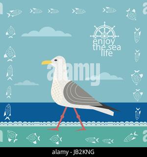 Concept de l'affiche de la nautique. Seagull sur plage de sable. Freehand fantaisie cartoon style. Vintage Retro en bord de mer locations de bannière. Profitez de l'emblème de la vie marine. Illustration de Vecteur