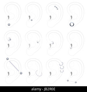 Le perçage des oreilles exemples - douze types différents - illustration sur fond blanc. Banque D'Images