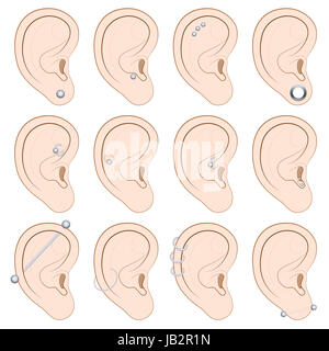 Piercings oreille tableau - douze exemples illustrés sur fond blanc. Banque D'Images