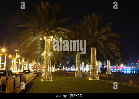 Palmiers lumineux à la corniche de Doha, au Qatar, au Moyen-Orient Banque D'Images