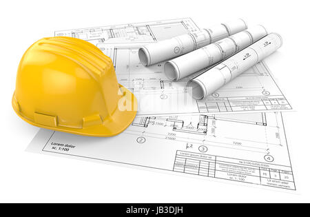 Casque jaune sur le dessus de l'architecture générique des plans, des dessins et des croquis. 3 rouleaux. 3D render. Banque D'Images