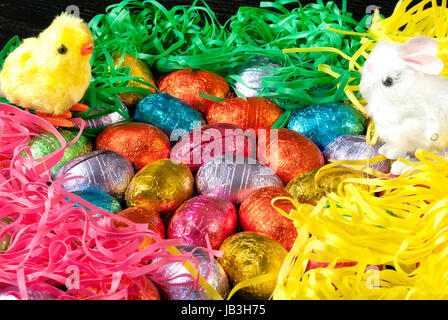 Close-up des tas d'oeufs de Pâques en chocolat coloré entouré d'herbes colorées avec un poussin jaune moelleux et jouet jouet lapin blanc moelleux debout à la périphérie. Banque D'Images