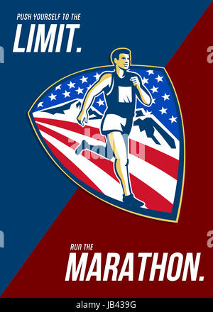 Carte de vœux de l'affiche illustration montrant un triathlète marathon runner tournant situé à l''intérieur de la protection avec les montagnes et les stars and stripes fait dans le style rétro avec des mots vous pousser à la limite, courir le marathon. Banque D'Images