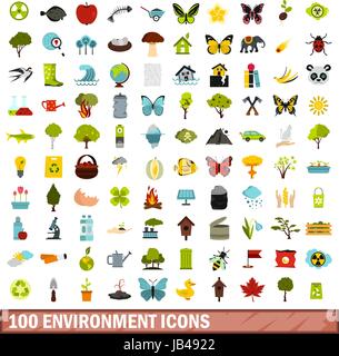 100 environnement icons set, style plat Illustration de Vecteur