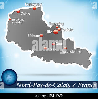 Le Nord-Pas-de-Calais dans Inselkarte abstraktem Frankreich als mit Hintergrund dans Blau. Durch die Gestaltung ansprechende fügt sich die Karte perfekt dans Ihr Vorhaben ein. Banque D'Images