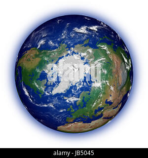 Hémisphère nord sur la terre vue d'en haut pôle nord isolé sur fond blanc. Beaucoup de détails de la surface de la planète. Éléments de cette image fournie par la NASA. Banque D'Images