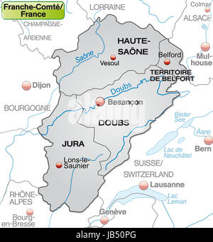 La Franche-Comté en Frankreich als mit Umgebungskarte mit Nachbarländern Grenzen à Grau. Durch die Gestaltung ansprechende fügt sich die Karte perfekt dans Ihr Vorhaben ein. Banque D'Images