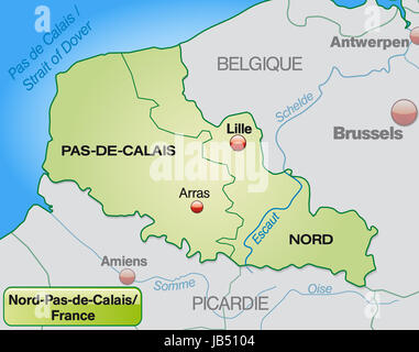 Le Nord-Pas-de-Calais en Frankreich als mit Umgebungskarte Grenzen dans Pastellgrün. Die Karte kann sofort für Ihr Vorhaben le werden. Banque D'Images
