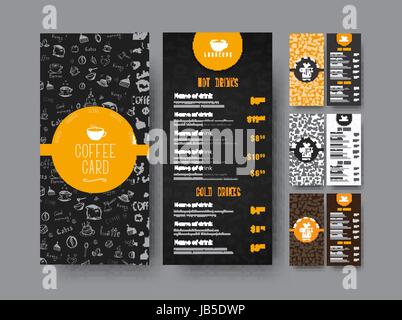 Le modèle de menu café pour un café ou un restaurant. Dépliants Design noir, blanc et orange avec des dessins à la main et le prix. Vector illustration Illustration de Vecteur