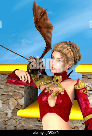 Numérique 3D render of a Lady Dragon magnifique avec un peu de Dragon sur son bras sur un château féerique et un fond de ciel bleu Banque D'Images