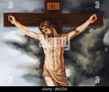 Huile sur toile représentant Jésus sur la croix Banque D'Images