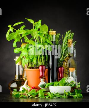 Still Life with Fresh Herbs basilic vert, l'huile d'olive, des herbes et du broyeur Mezzaluna Pilon et mortier ustensile de cuisine Banque D'Images