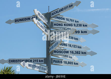 Distance de la ville, signe indiquant la direction et la distance au capital des villes partout dans le monde Banque D'Images