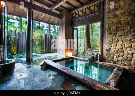 Bains d'eau de source chaude japonaise à Iwanoyu ryokan à Nagano, Japon Banque D'Images