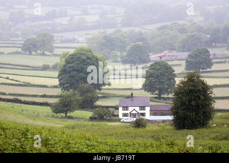 La pluie commence à tomber sur un paysage rural et le cottage gallois Tan-y-Foel dans le village de Rhes-y-CAE, Flintshire, Galles, Royaume-Uni Banque D'Images