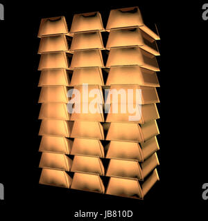 De nombreux lingots d'or dans les lignes sur fond noir, le rendu 3D Banque D'Images