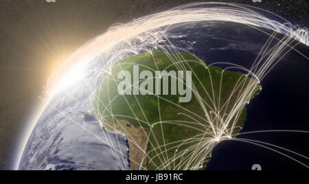 L'Amérique du Sud avec réseau représentant les principales voies de circulation de l'air. Éléments de cette image fournie par la NASA. Banque D'Images