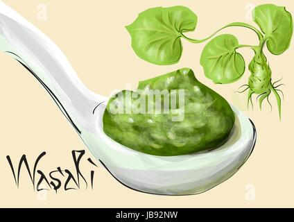 Wasabi. plante et Cuillère à sauce verte Illustration de Vecteur