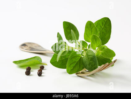 Brins d'origan frais sur fourche et de poivre noir Banque D'Images