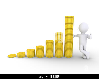 Charte graphique 3D de pièces de monnaie dollar et une personne heureuse se penchant sur eux Banque D'Images