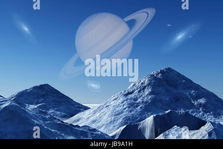 Saturne vu de l'une de ses lunes. Banque D'Images