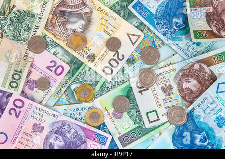 A l'arrière-plan des pièces et billets en Polonais (Polish zloty) Banque D'Images