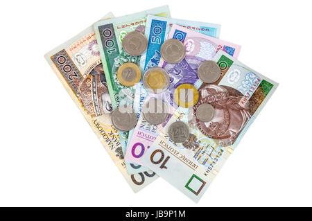 Ensemble de pièces et billets polonais isolé sur fond blanc avec clipping path Banque D'Images