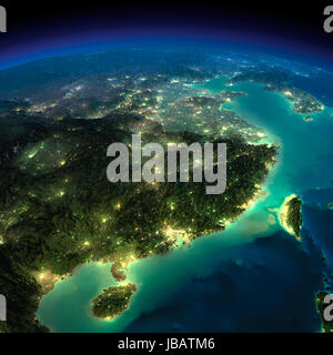 La terre très détaillées, éclairé par la lune. La lueur des villes fait la lumière sur le terrain détaillées exagéré. La terre de nuit. L'Est de la Chine et Taïwan. Éléments de cette image fournie par la NASA Banque D'Images