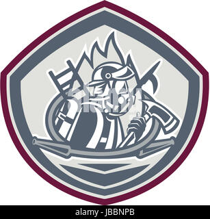 Illustration d'un pompier pompier d'urgence vu de côté avec hache d'incendie et crochet perche flexible à l'intérieur de l'échelle et l'ensemble de l'écran fait en style rétro. Banque D'Images